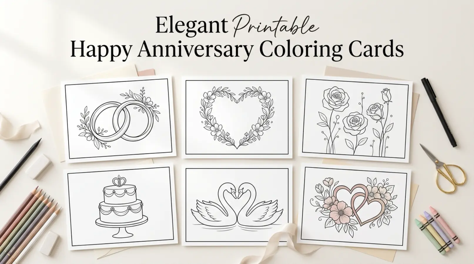 Elegant Printable Happy Anniversary Coloring Cards