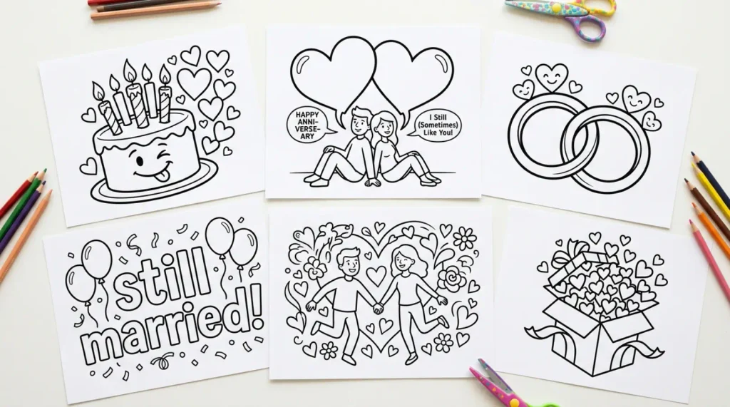 Funny Printable Happy Anniversary Coloring Cards