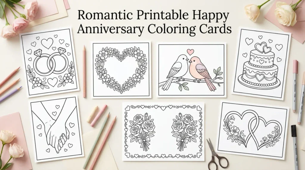 Romantic Printable Happy Anniversary Coloring Cards